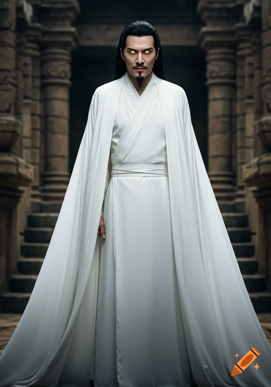 A stern man with glowing golden eyes and a goatee, wearing a long white robe, stands in an ancient stone temple.