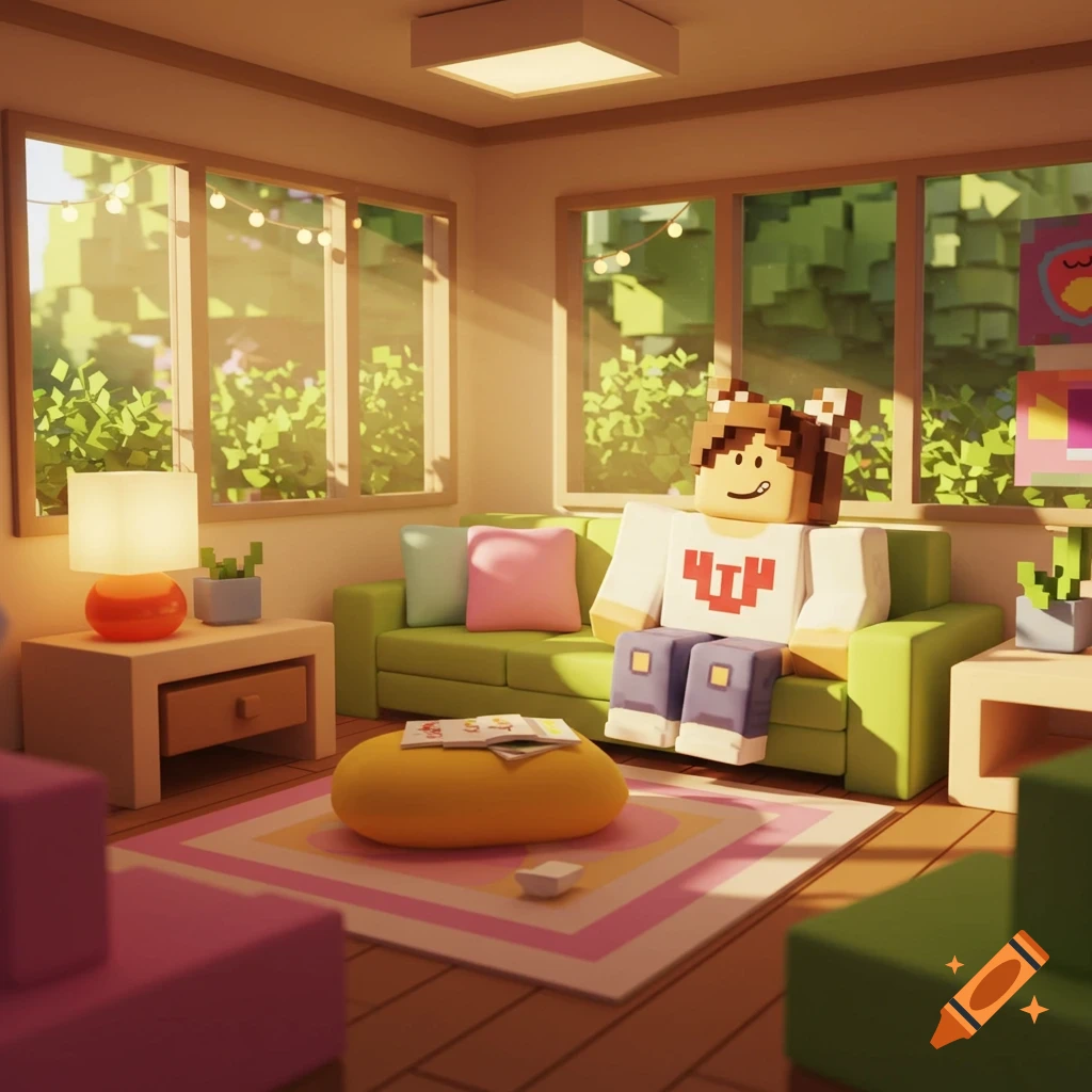 A blocky Roblox-style character relaxes on a green sofa in a sunlit living room, pixel art style.