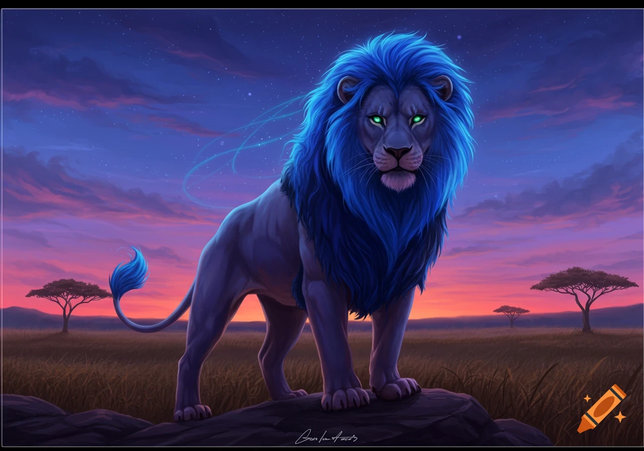 A majestic blue-maned lion with glowing green eyes stands on a rock in a savanna at sunset, with stars in the twilight sky.