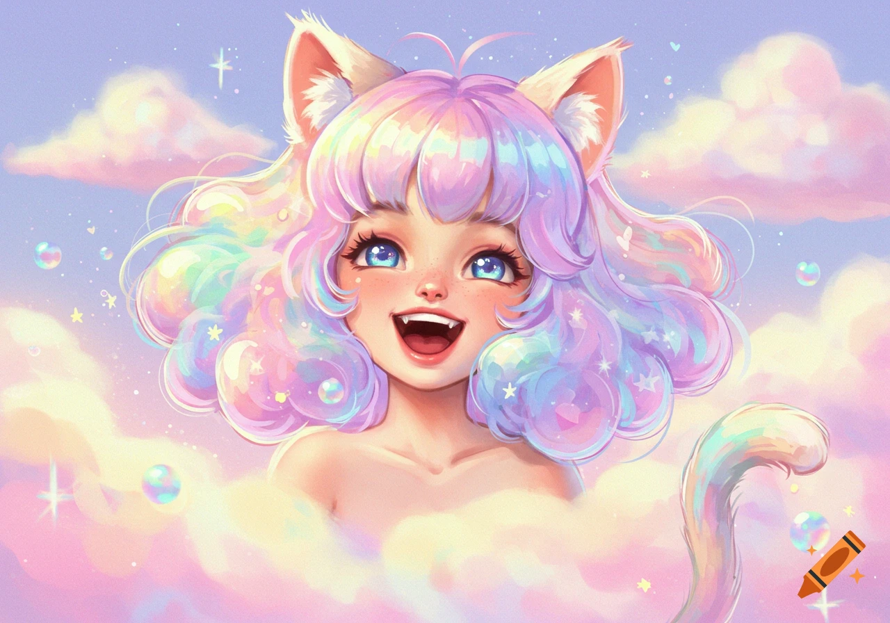 A whimsical anime cat girl with pastel rainbow hair, blue eyes, and fangs smiles brightly, surrounded by fluffy pink and purple clouds and bubbles.