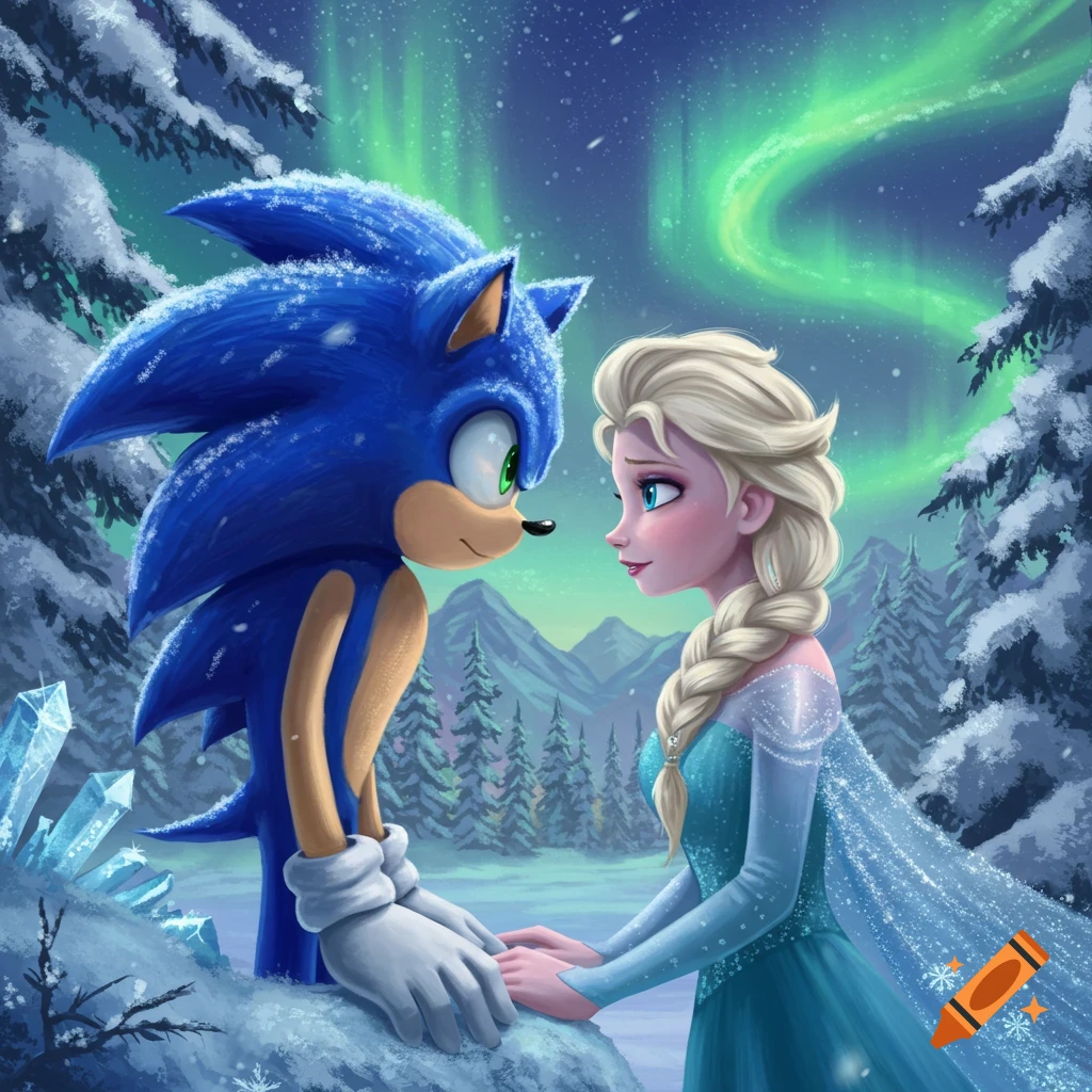 Sonic the Hedgehog and Elsa from Frozen holding hands and gazing at each other in a snowy forest under a green aurora borealis.