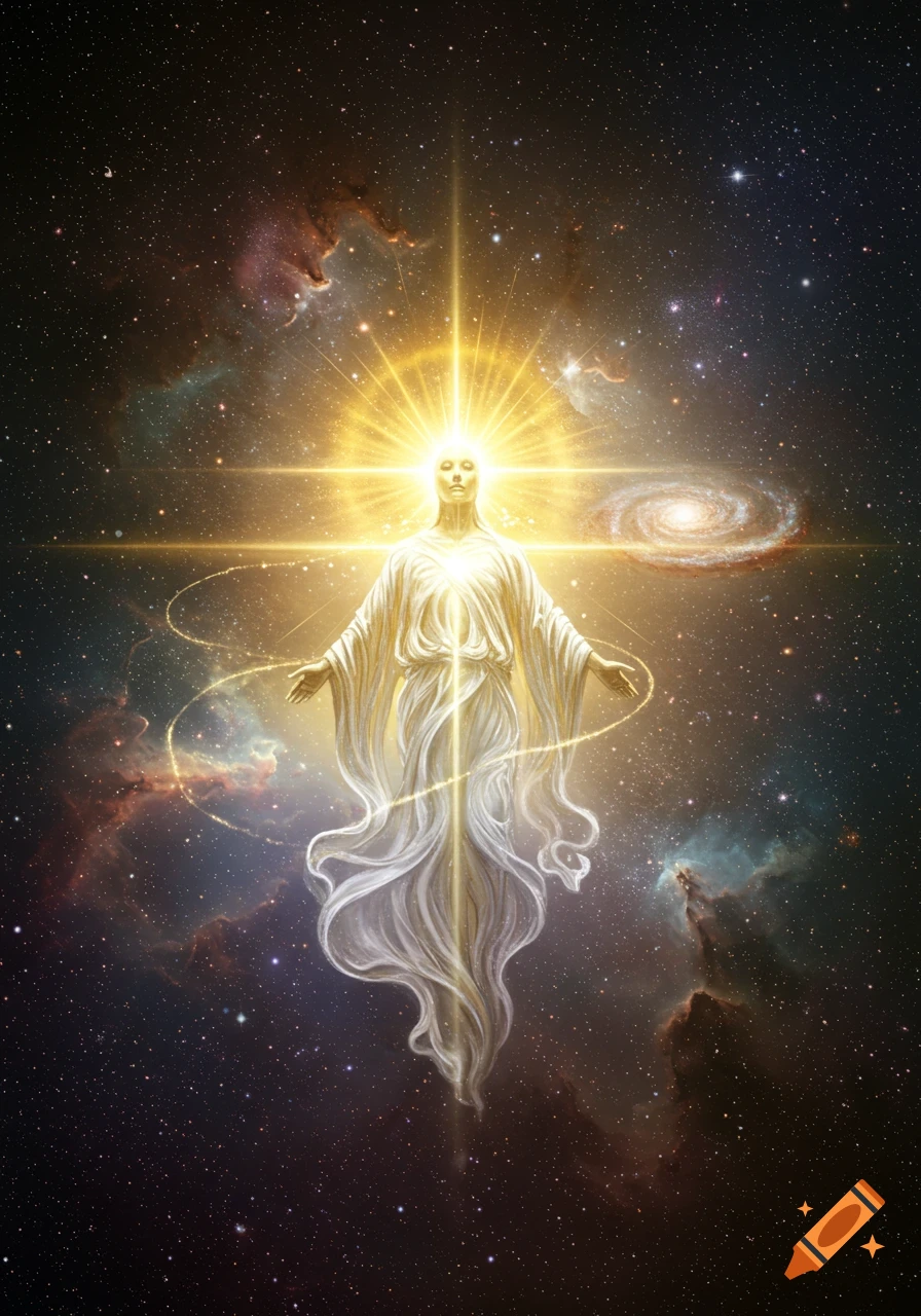 A glowing, ethereal figure with outstretched arms radiates light against a vibrant cosmic background of stars and nebulae.