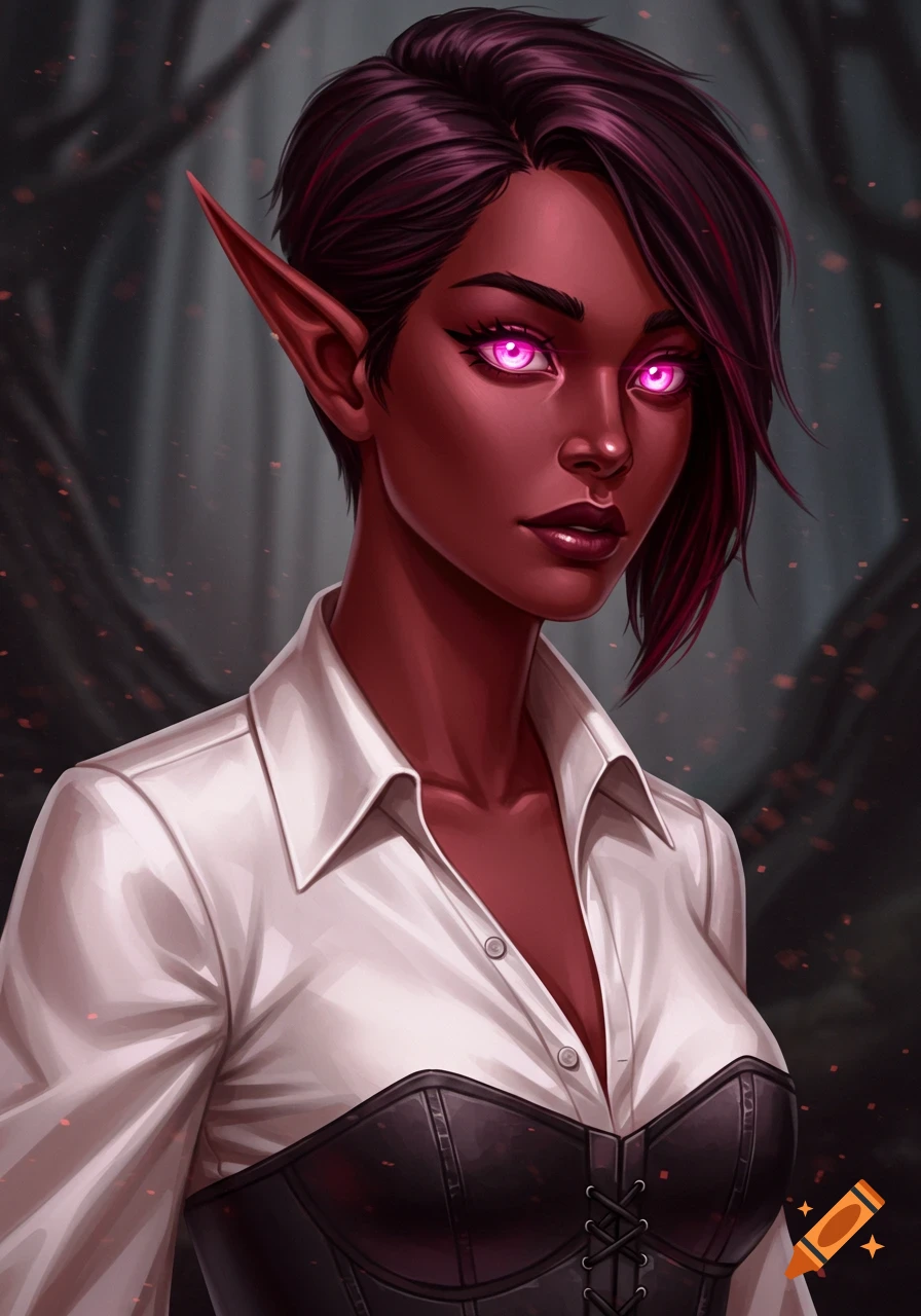 A fantasy portrait of a dark-red skinned female elf with pink glowing eyes, short dark hair, wearing a white blouse and black corset.