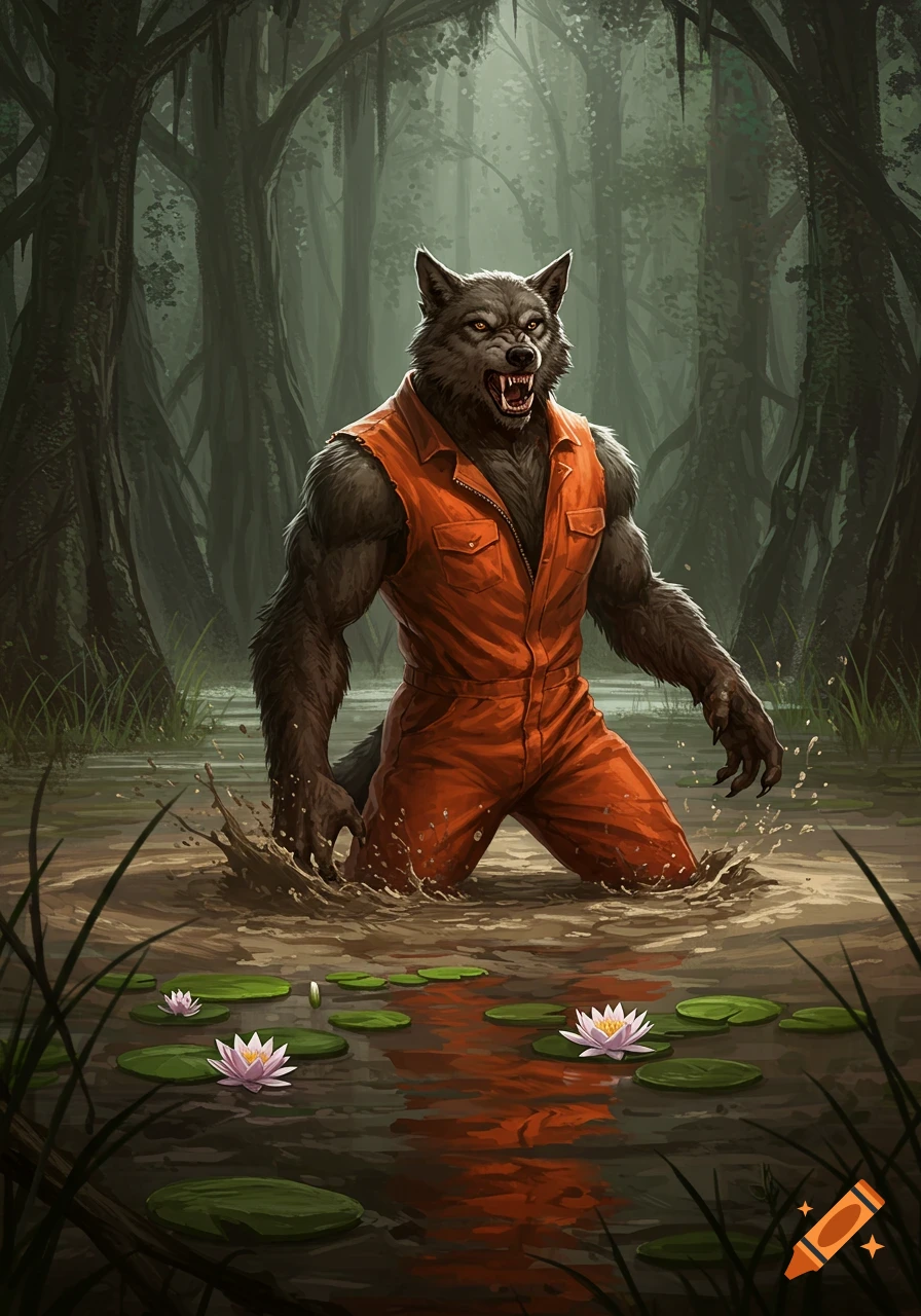 A roaring werewolf in an orange jumpsuit kneels in a muddy swamp with lily pads.