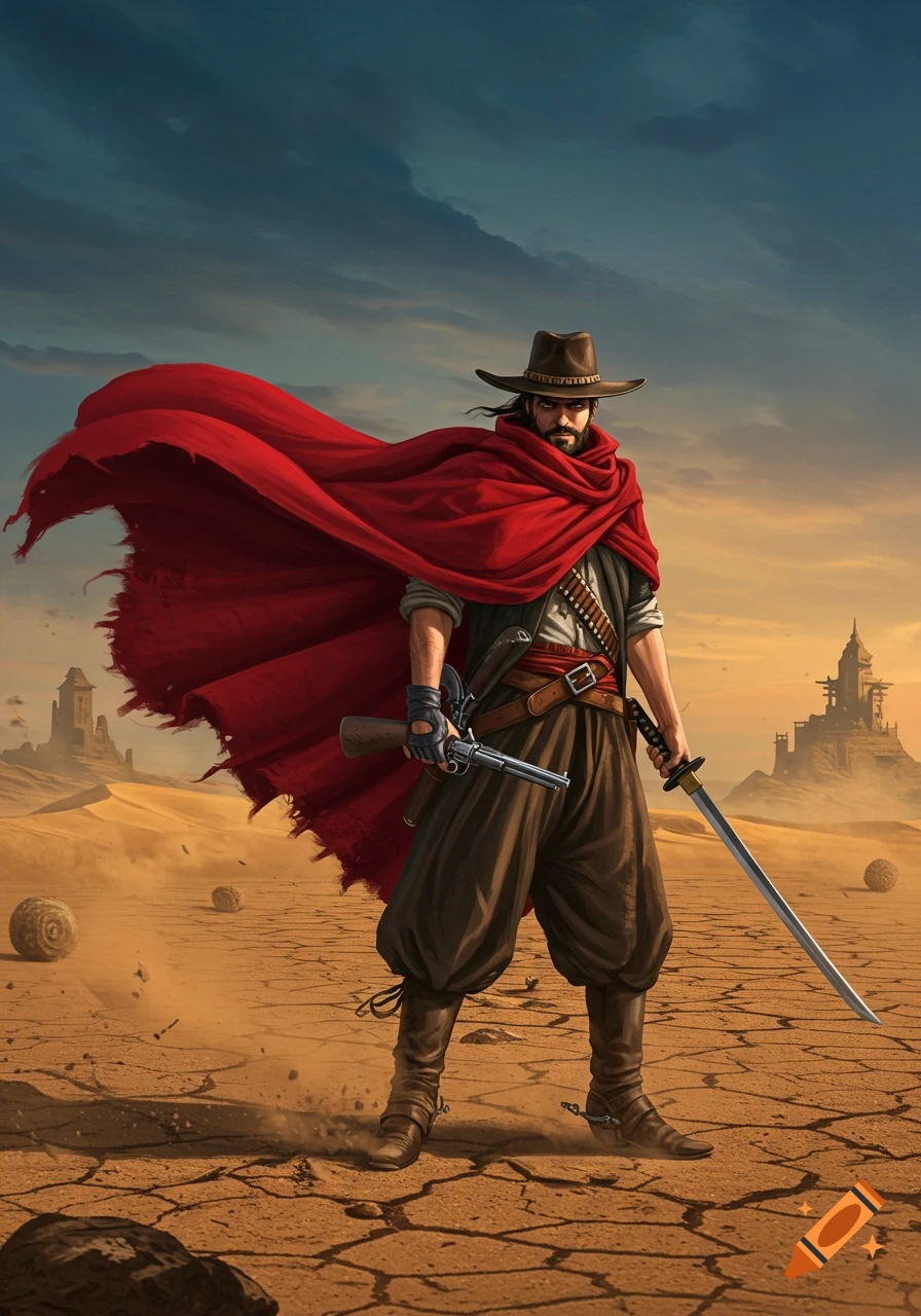 A bearded western gunslinger in a red cape holds a revolver and a samurai sword in a cracked desert with distant castles.