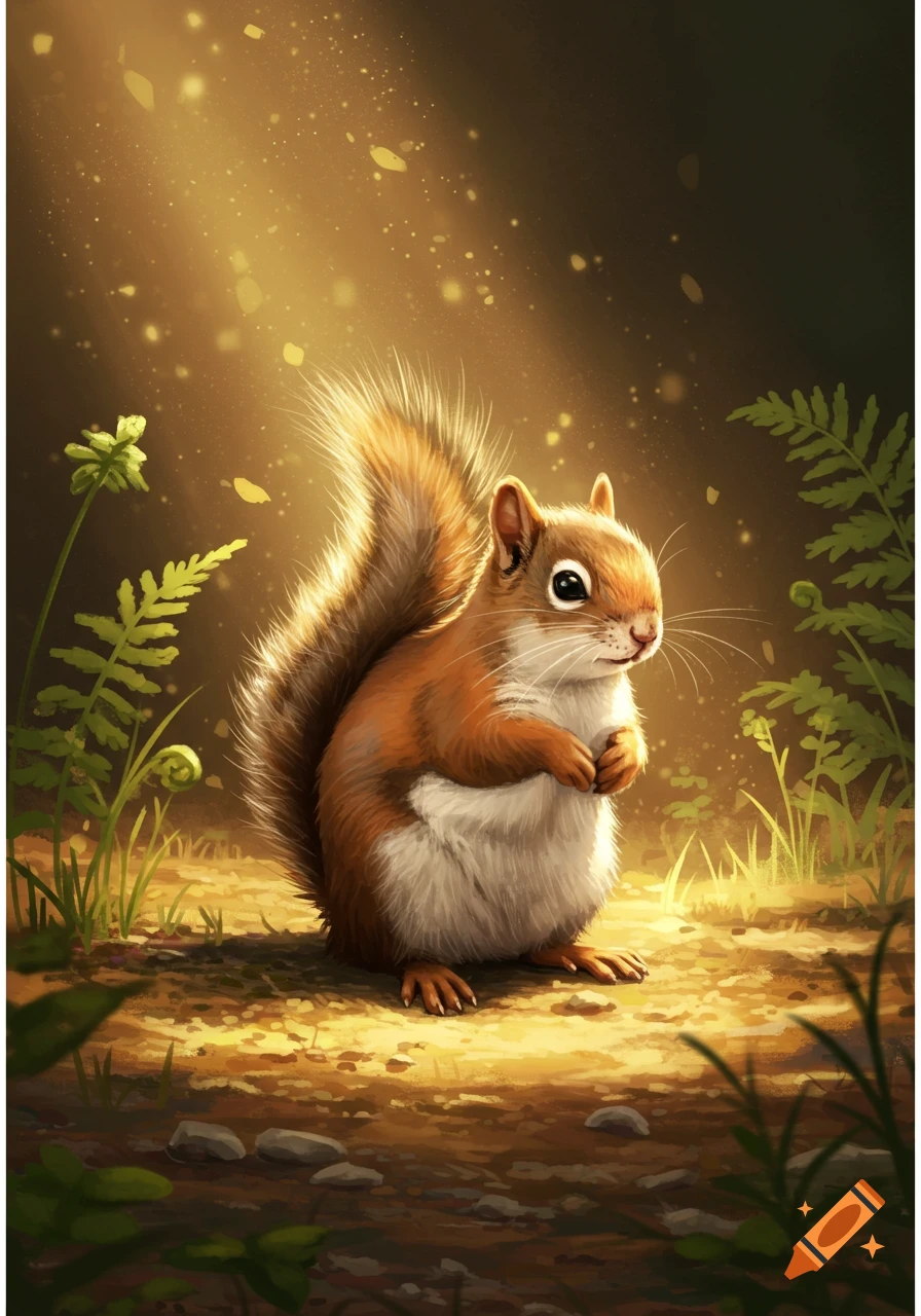 A cute, fluffy brown and white squirrel sits on the forest floor, bathed in golden sunbeams. Digital illustration.