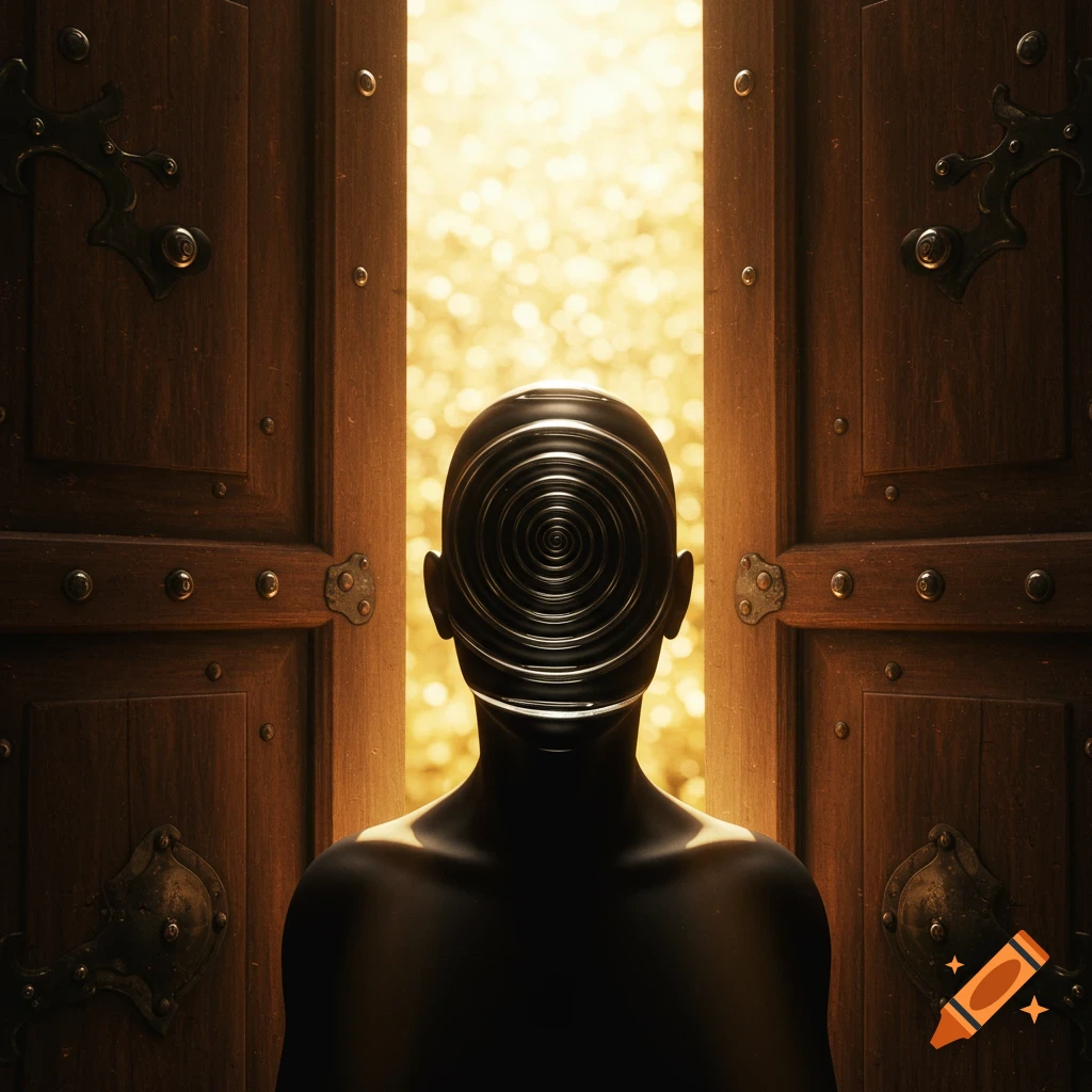 A stylized, dark figure with a shiny black spiral for a face stands in an open wooden doorway, facing a bright, golden light.