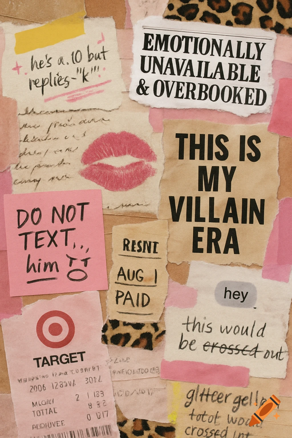 A pink, tan, and black digital collage in the style of a junk journal or scrapbook, with layered textures including text, a kiss mark, and leopard print.