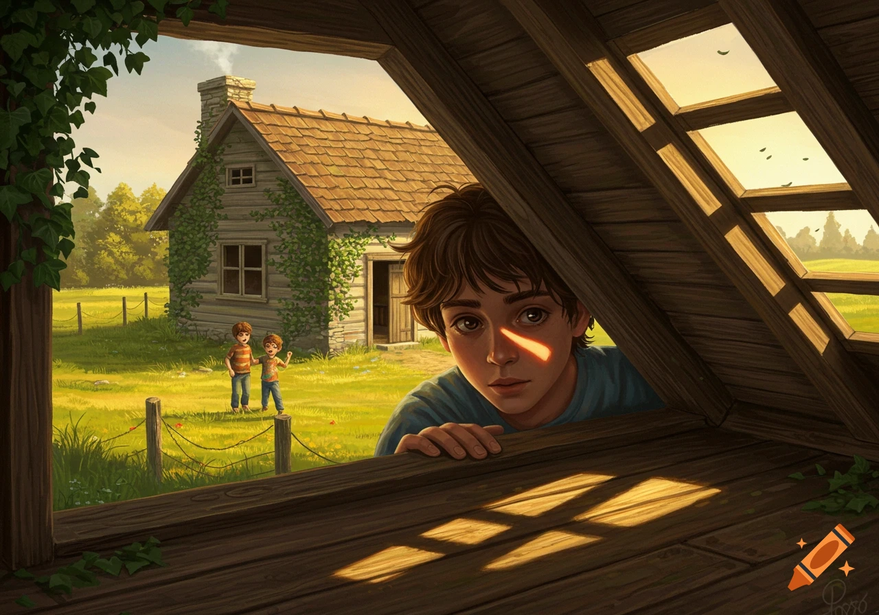An illustration of a boy peering from a dark attic window at a rustic farmhouse and two boys playing in a sunny field.