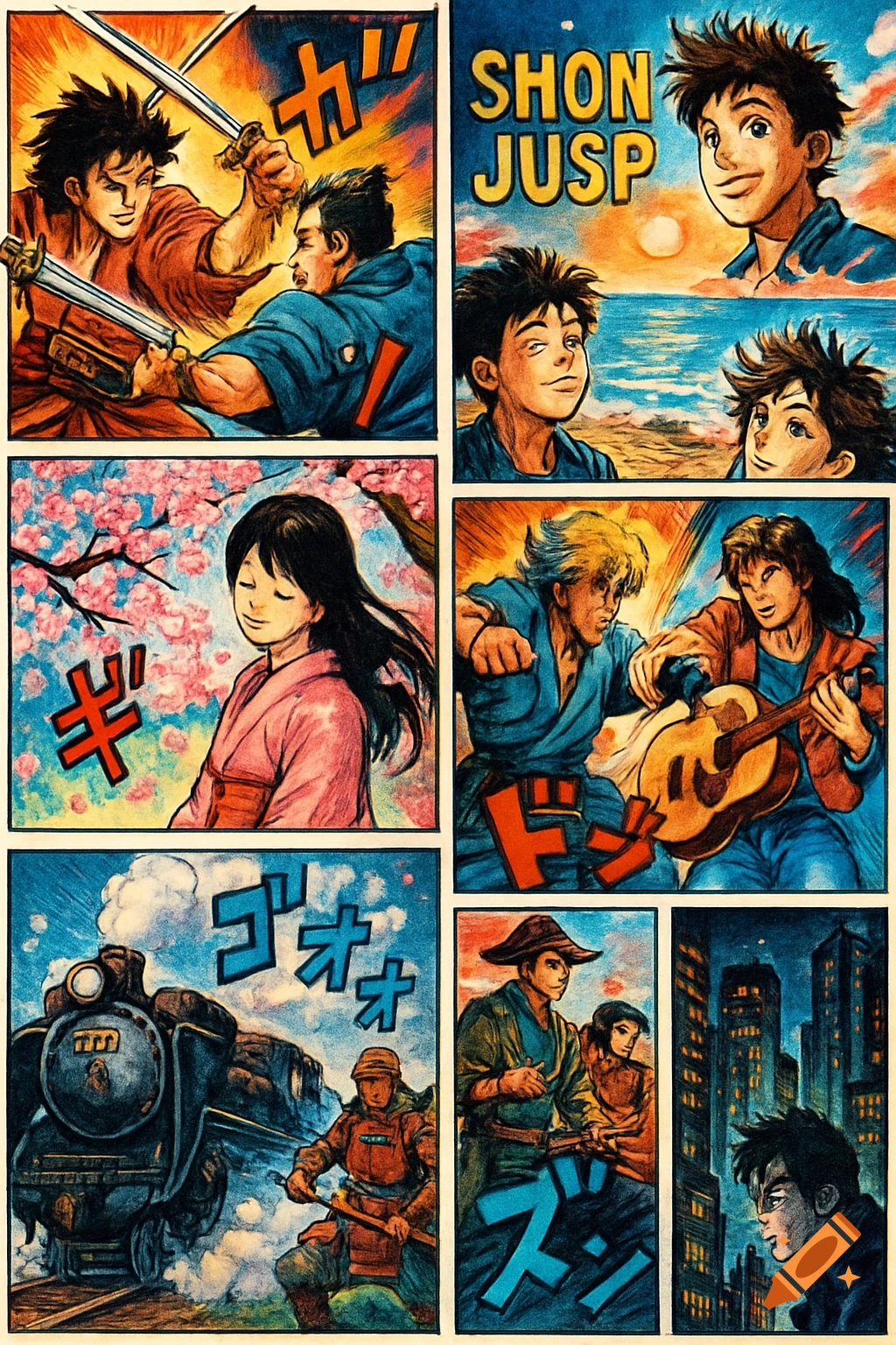 A colorful manga-style comic page with multiple panels showing characters in various scenes, including sword fighting, a sunset, cherry blossoms, playing a guitar, a train, and a city skyline.