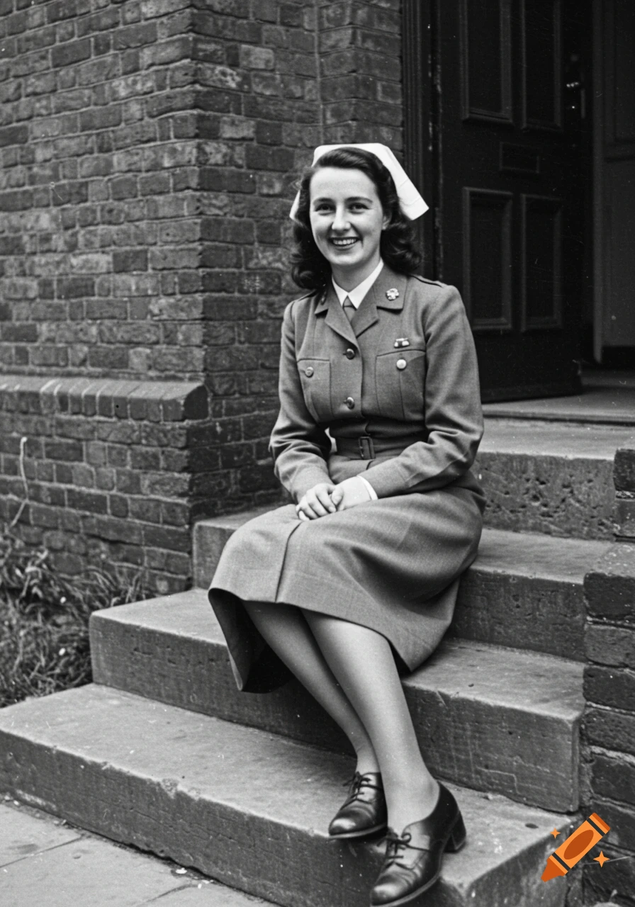 Black and white portrait of a smiling British WW2 nurse in uniform, wearing a white cap, sitting on steps in front of a brick building.