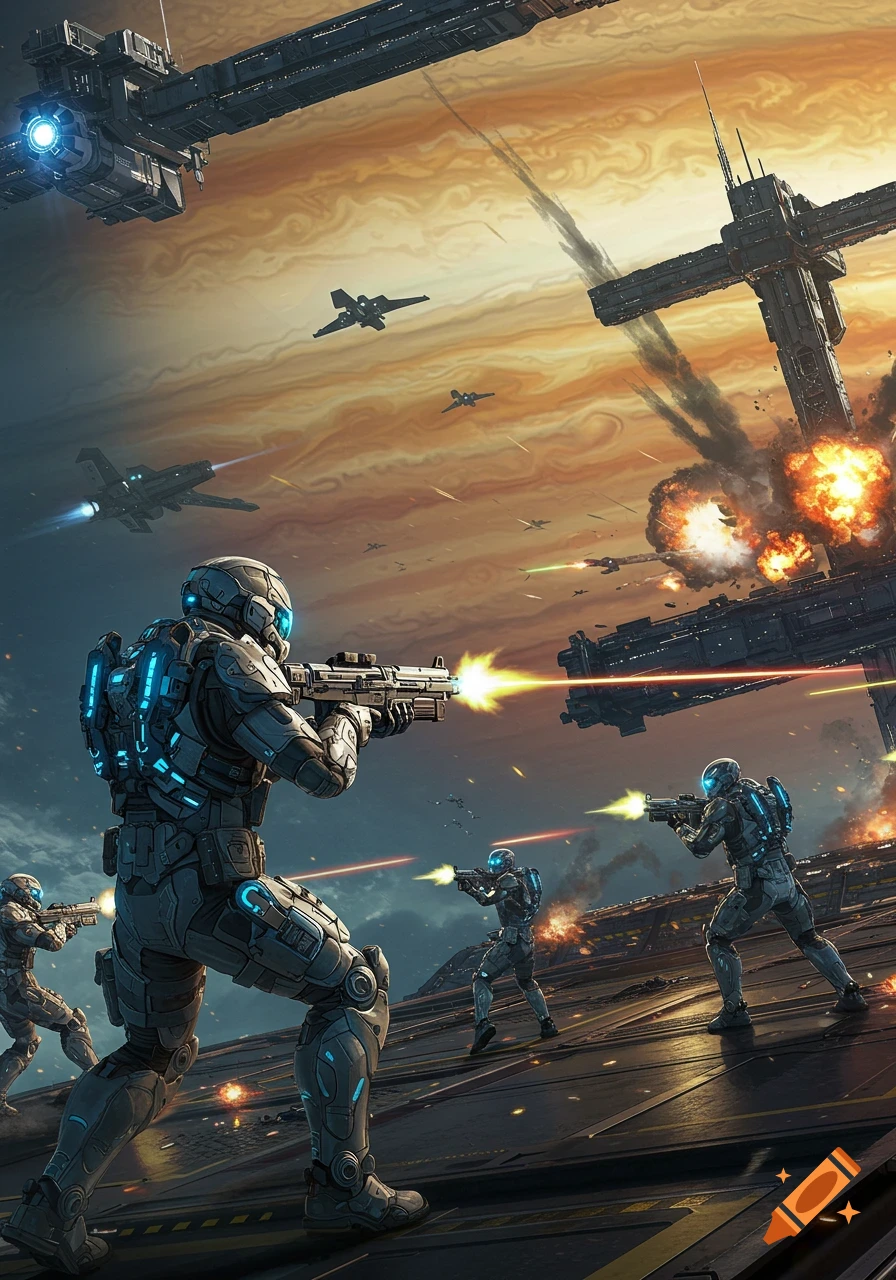 Futuristic soldiers in glowing armor battle on a platform as spaceships dogfight in a fiery, orange sky over a distant planet.
