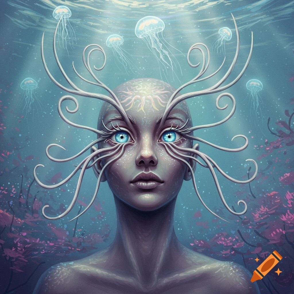 Fantasy portrait of an ethereal, bald humanoid with intricate branch-like eyelashes and piercing blue eyes, underwater with jellyfish.