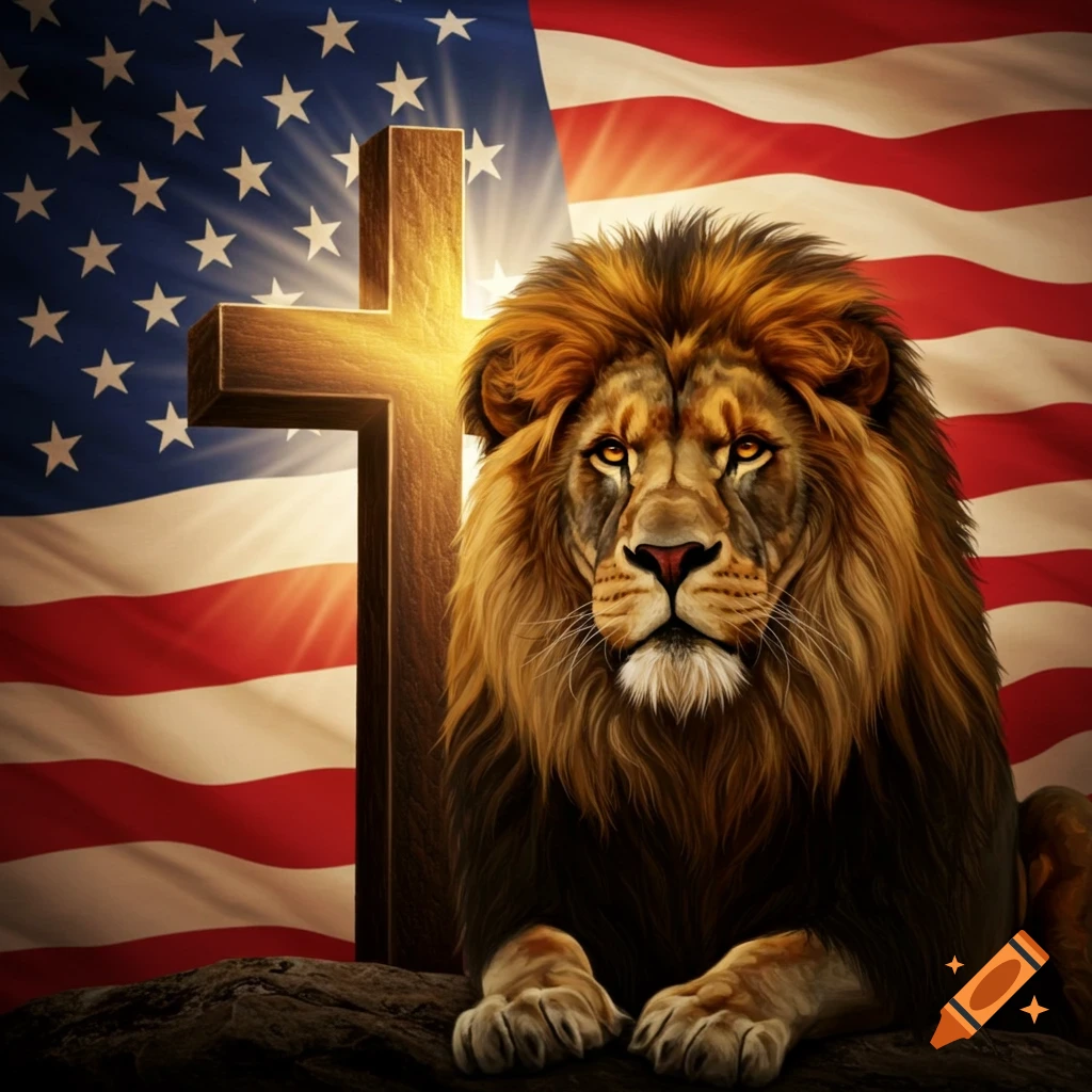 A majestic lion sits before a glowing wooden cross, superimposed on a waving American flag. Digital art.
