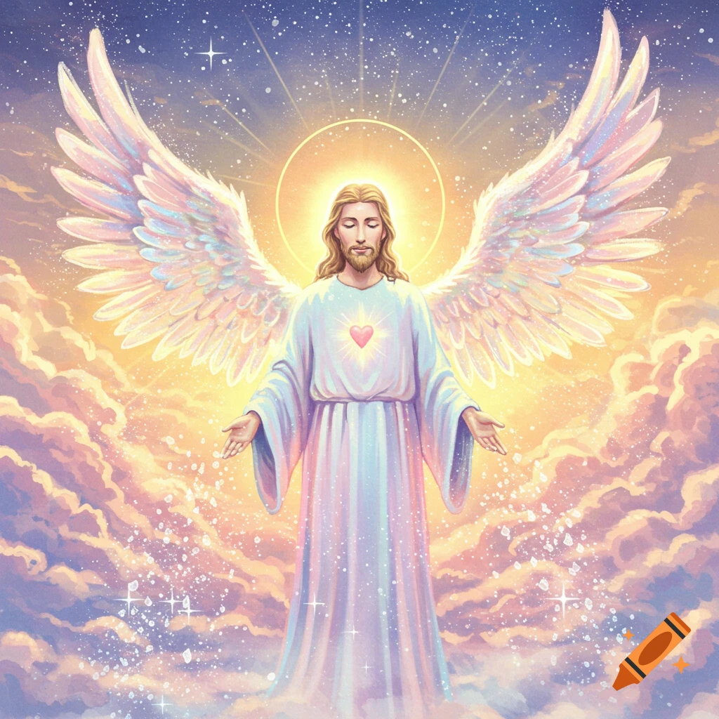 Serene angelic figure with halo and wings, bathed in golden light amidst clouds, illustration.