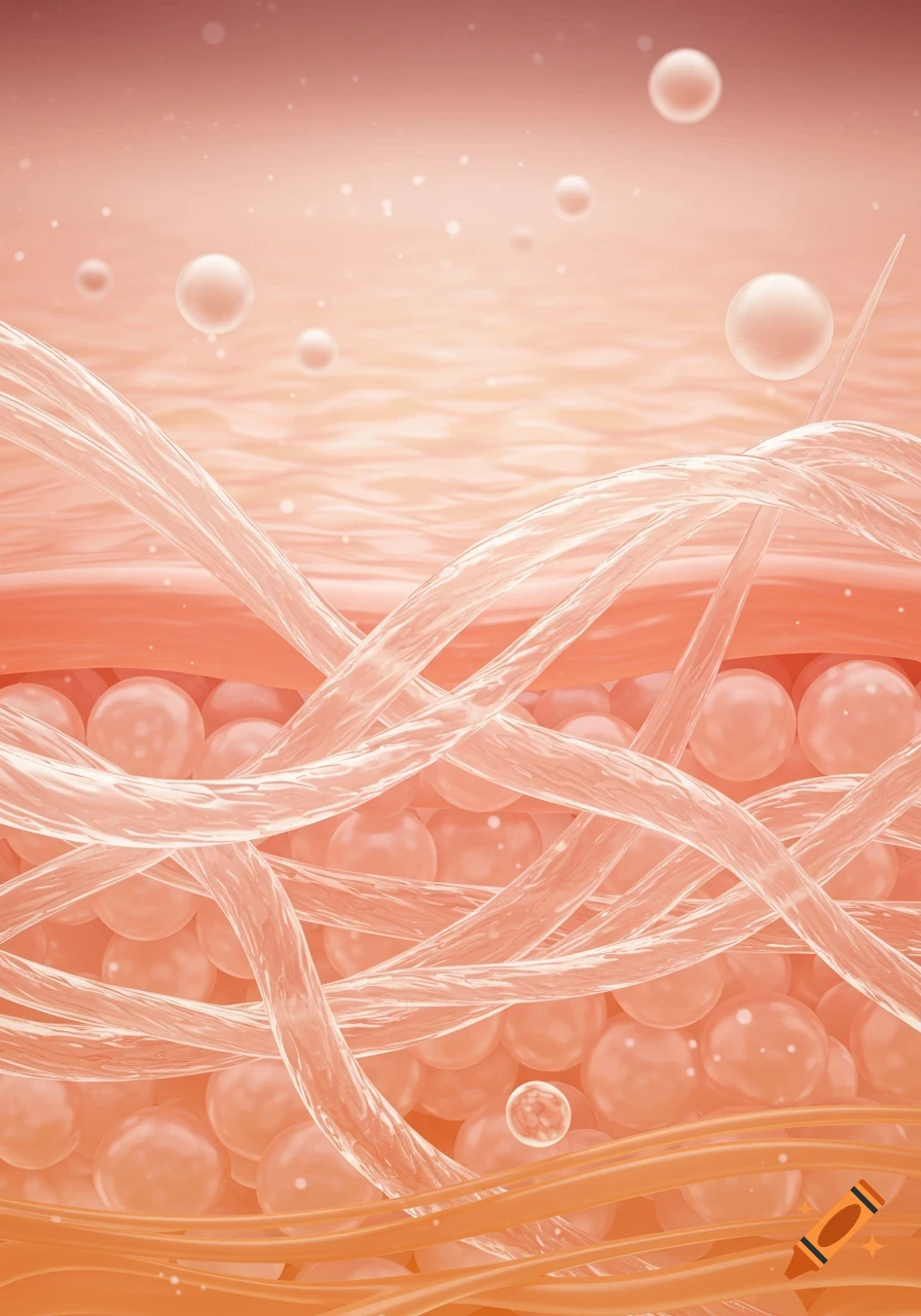 Magnified illustration of skin layers with intertwining translucent fibers and spheres in peach and orange tones.