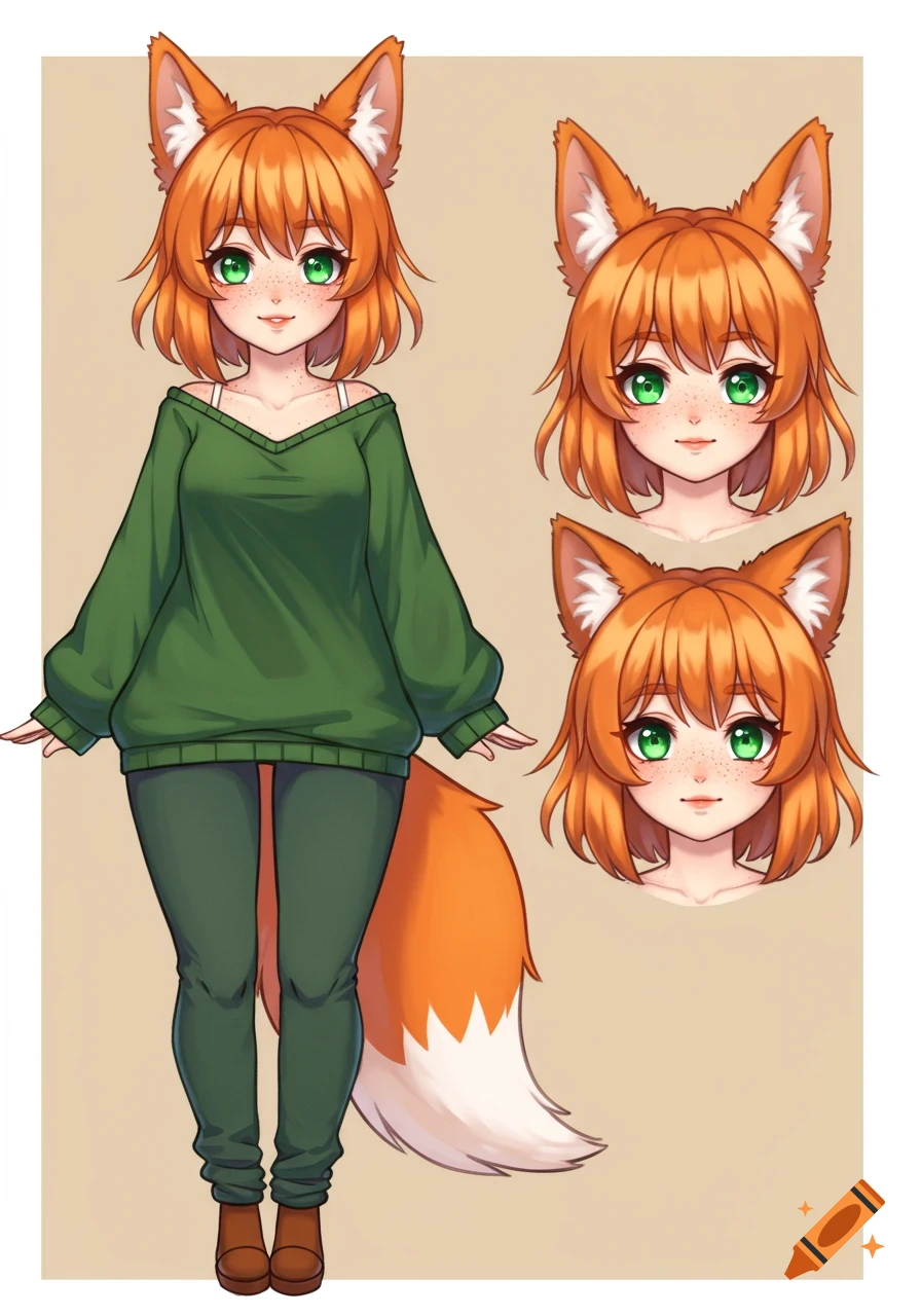 Anime fox girl character with orange hair, green eyes, and freckles, wearing a green sweater and pants, shown in a full-body view and two headshots.