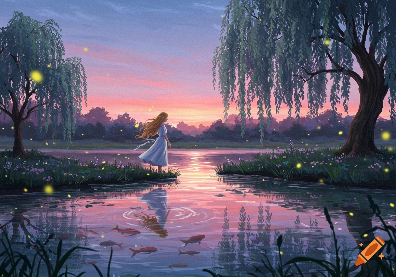 A woman in a white dress stands by a lake at sunset, surrounded by willow trees and glowing fireflies.