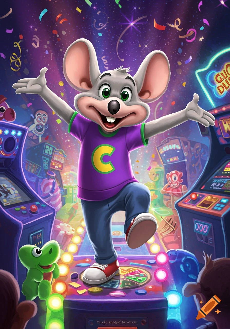 Vibrant cartoon illustration of Chuck E. Cheese joyfully posing in a colorful arcade with confetti falling.