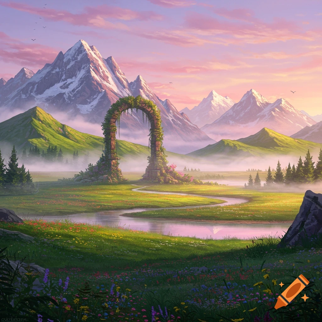 Fantasy landscape: snow-capped mountains, ancient ivy archway, winding river, and wildflower field under a pink and purple sky.