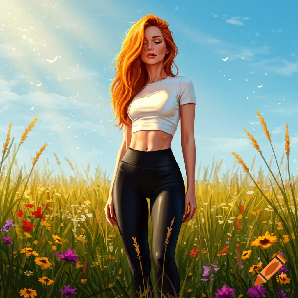 A beautiful ginger woman with long hair stands in a sunny field of colorful wildflowers, wearing a white crop top and black leggings.