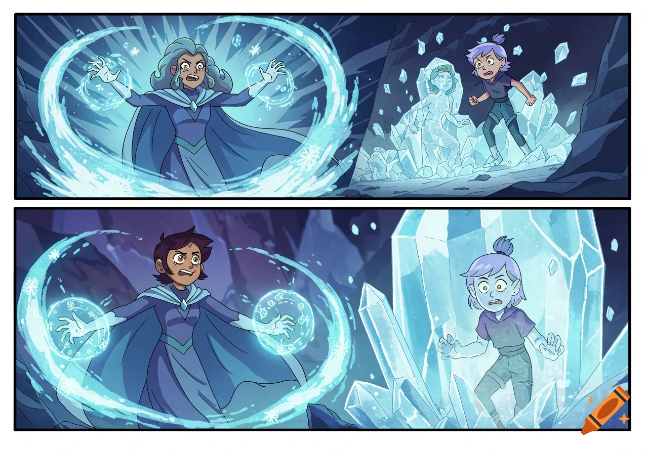 Two cartoon comic panels depict characters using ice magic. In one, a woman casts a spell, freezing a figure in ice. In the other, a young person casts a spell, partially encasing another young person in ice crystals.