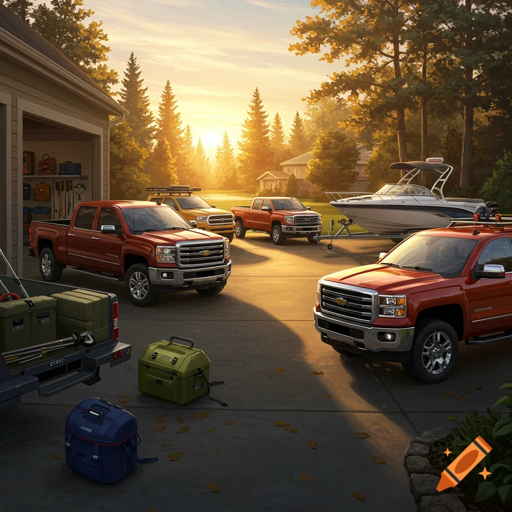 A photorealistic image of several new pickup trucks and a boat parked in a sunny driveway with a garage and trees in the background.