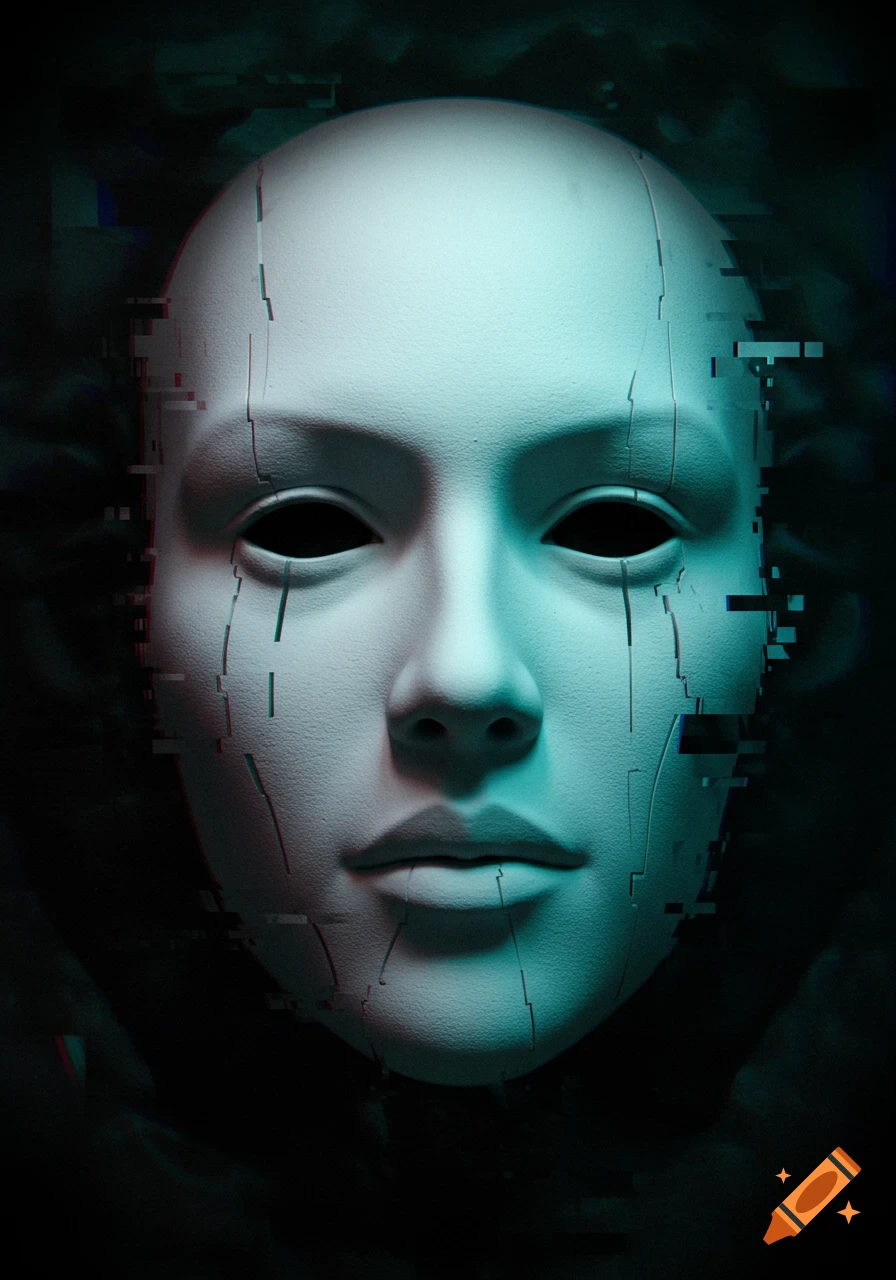 A creepy white mask with black eyes, a cracked surface, and digital glitch distortion, illuminated by teal and magenta light.