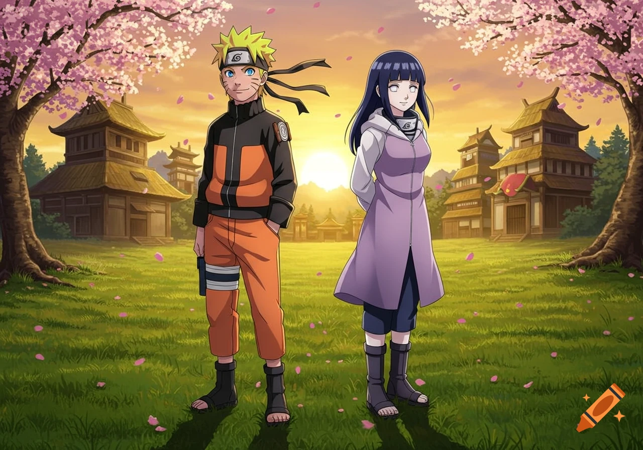 Naruto and Hinata stand in a grassy field with cherry blossoms and traditional Japanese buildings under a sunset sky.