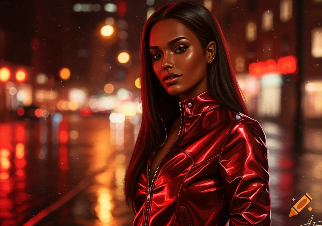 Digital art portrait of a woman with dark skin and long hair in a shiny red jacket, with blurry city lights at night.