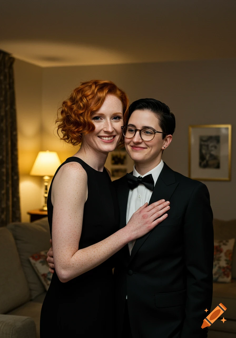 Smiling woman with red curly hair in a black dress embracing a woman in a tuxedo and glasses indoors. Photorealistic.