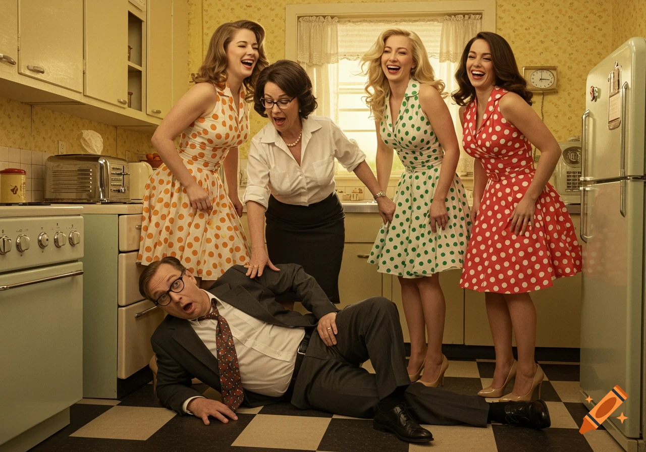 A man lies on the floor of a 1950s-style kitchen while four women in polka-dot dresses laugh at him. Photorealistic.