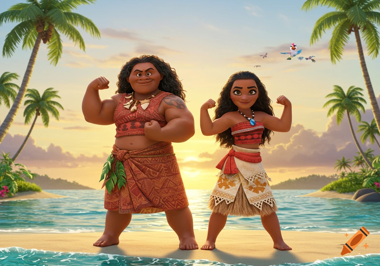 Moana and Maui flex their muscles on a sunny tropical beach in a vibrant 3D cartoon.