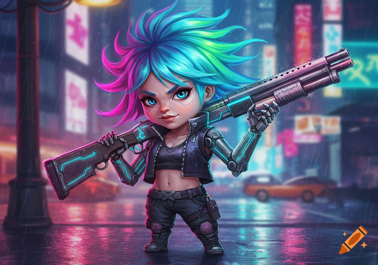 A cute, short, cyberpunk woman with multi-colored glowing hair and robot arms, holding a large shotgun in a neon city at night.