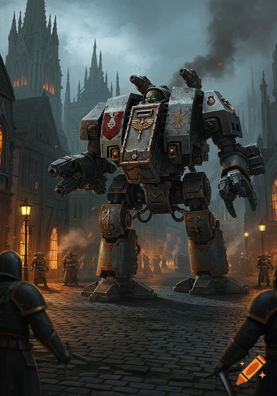 A massive Warhammer 40k dreadnought mech strides through a dark, gothic town, watched by armored figures.