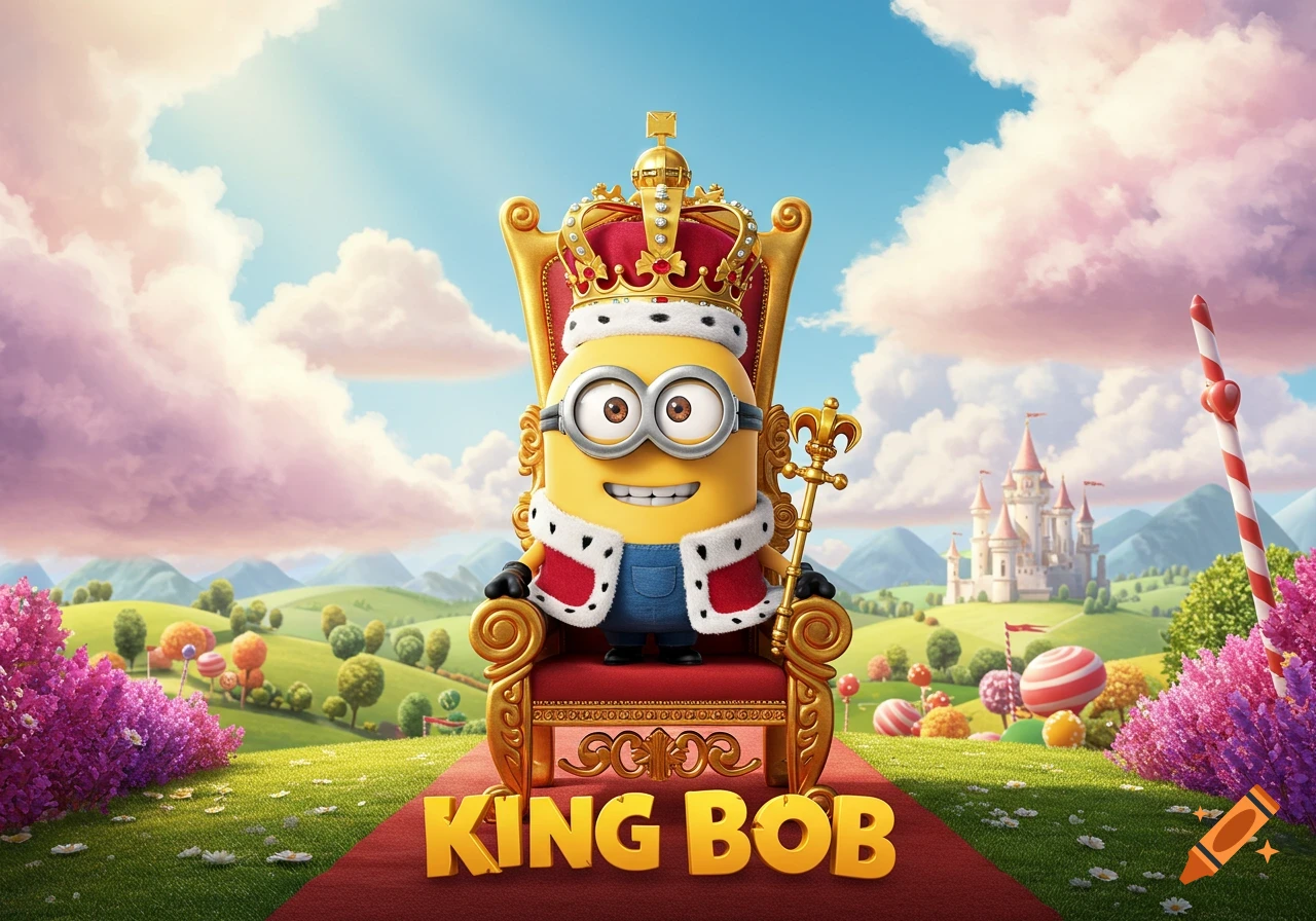 Cartoon King Bob the Minion on a golden throne in a royal robe and crown, on a red carpet in a whimsical landscape with a castle.