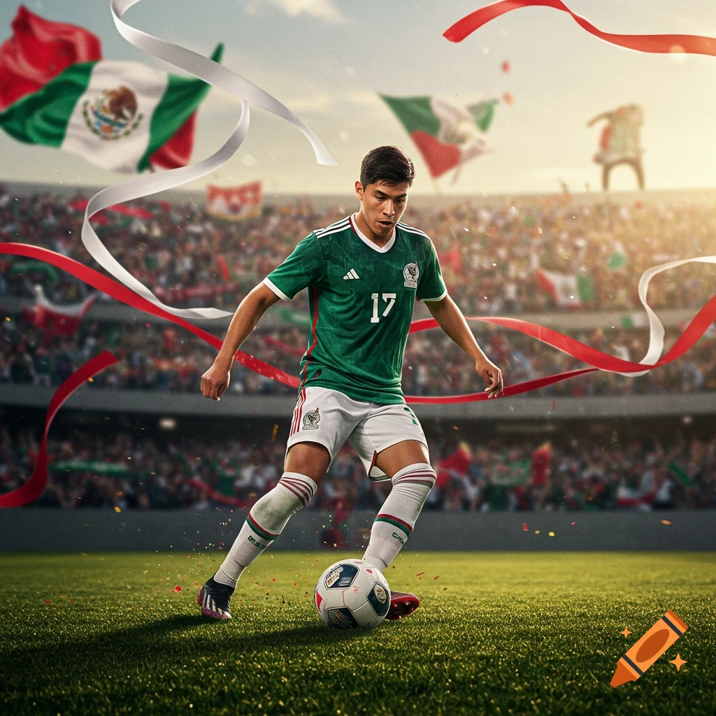 Photorealistic Mexican soccer player in a green jersey dribbling a ball on a stadium field, with fans and flags.