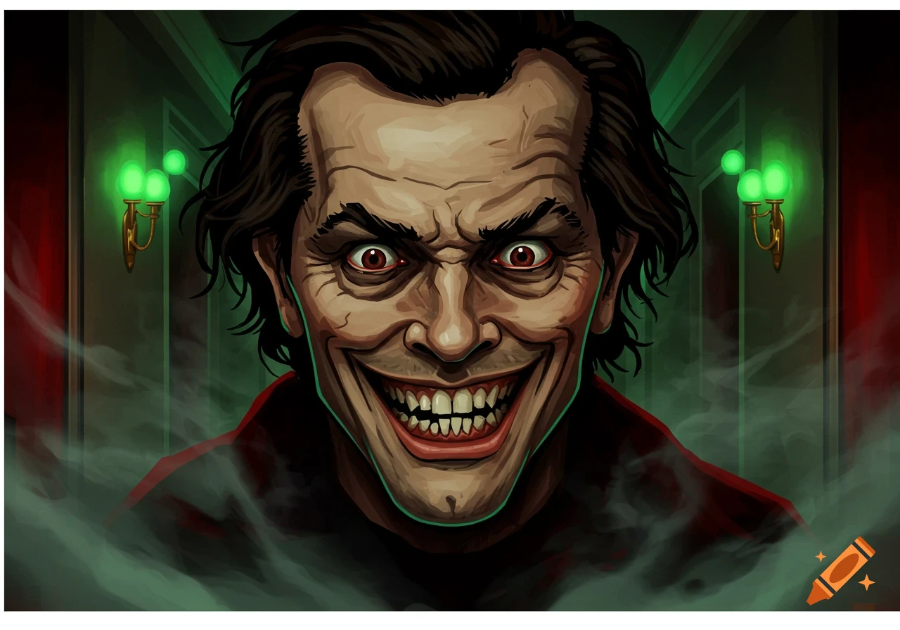 Close-up cartoon illustration of a man with a wide, unsettling grin and red eyes in a dark, green-lit hallway.