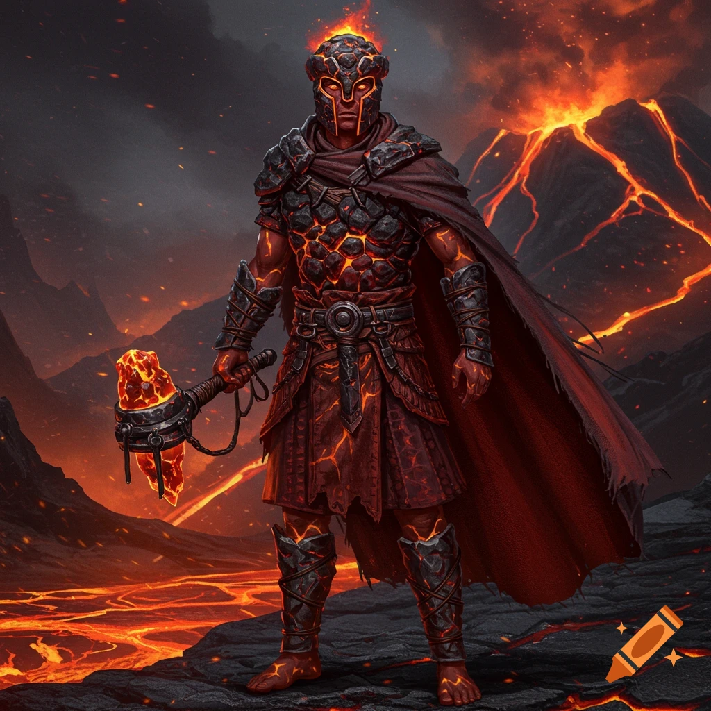 Lava warrior in volcanic armor and cape holds a glowing hammer amidst an erupting volcano and fiery landscape.