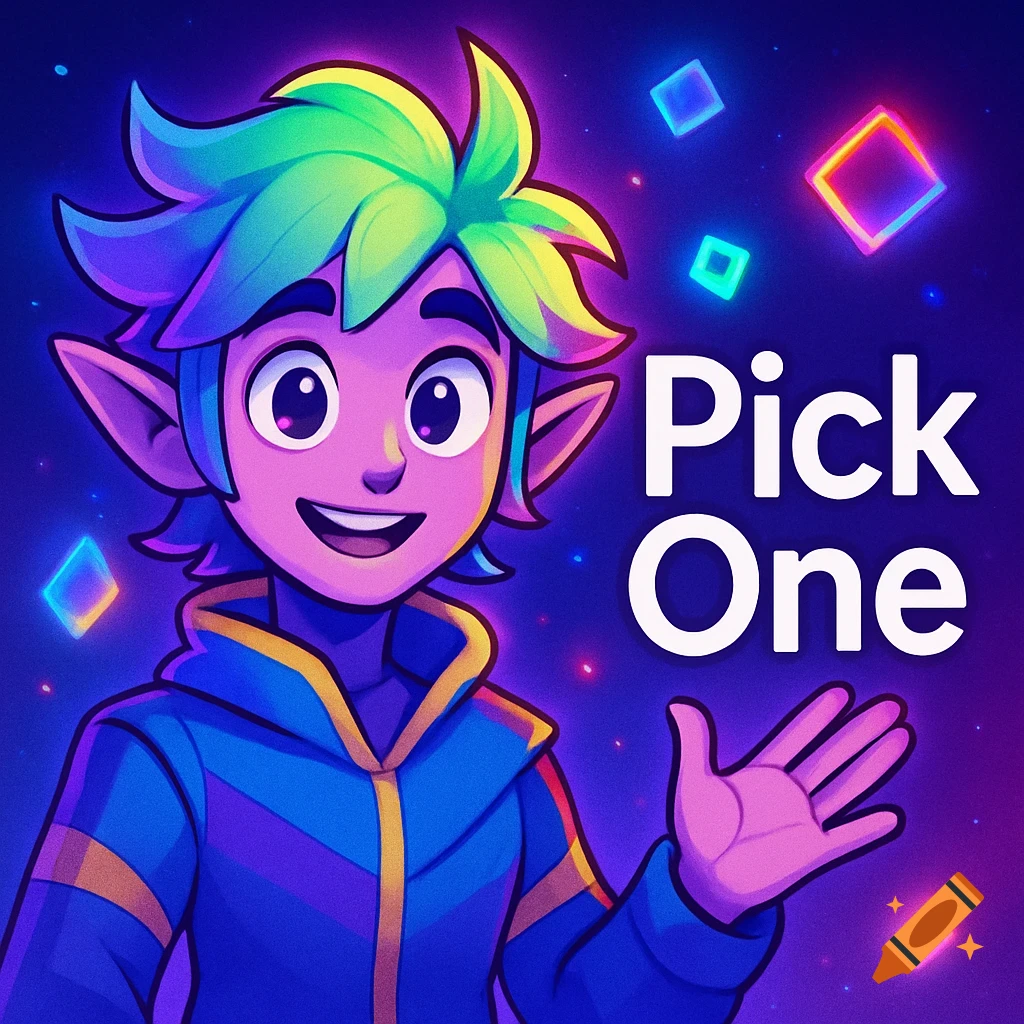 Cartoon elf-like character with green hair, blue hoodie, smiling, hand raised. Text "Pick One". Glowing purple background with neon shapes.