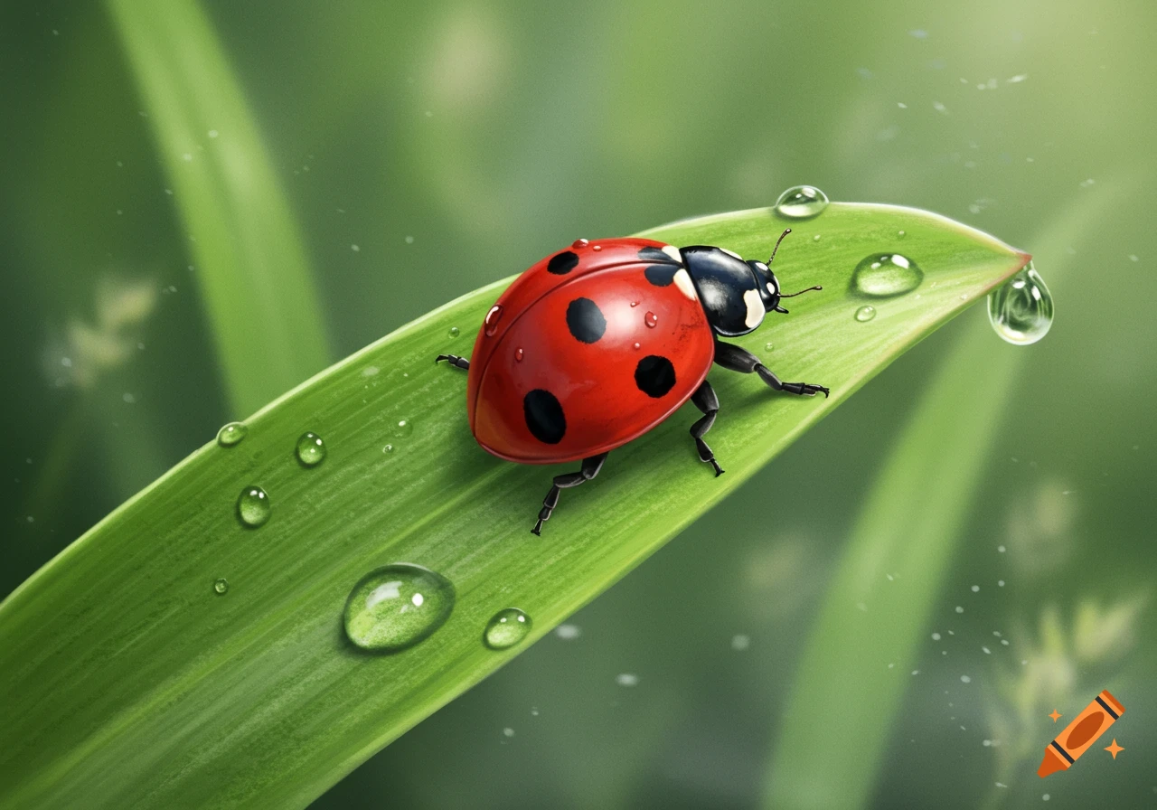 A vibrant red ladybug with black spots rests on a dewy green leaf, with sparkling water droplets.