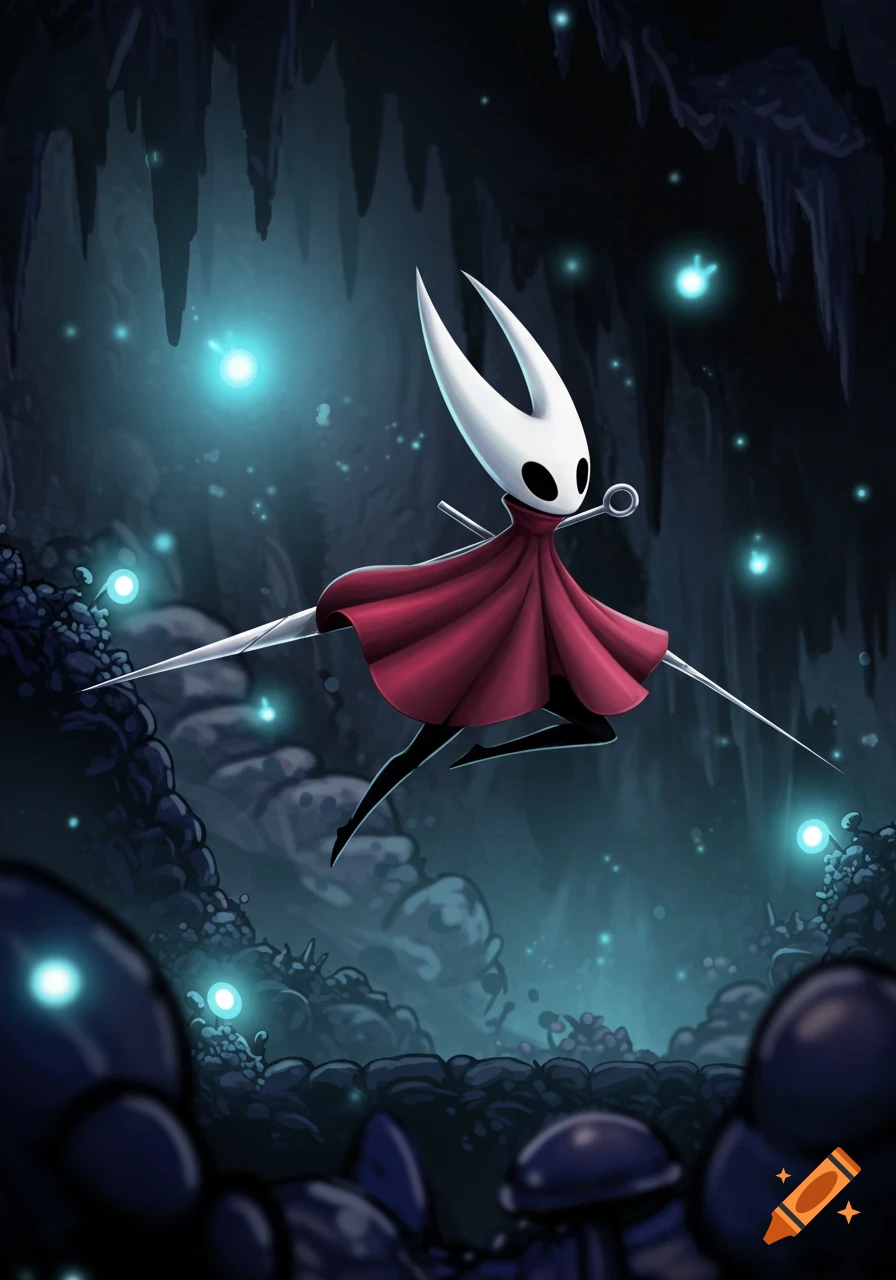 A stylized white insectoid figure with a red cloak and a long needle, Hornet from Hollow Knight, jumps in a glowing blue cave.