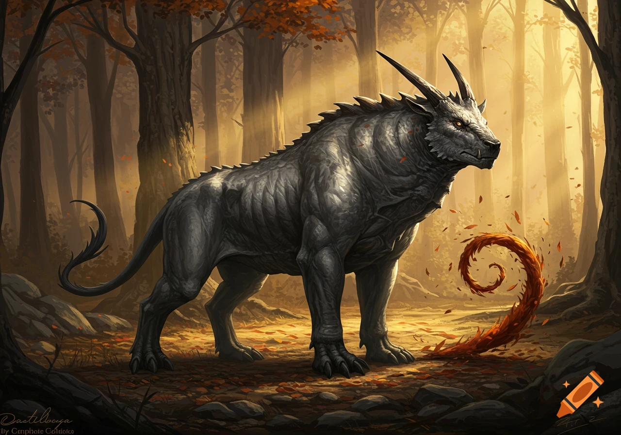 A powerful grey fantasy beast with horns and glowing eyes stands in a sunlit autumn forest, its tail curling into a fiery spiral of leaves.
