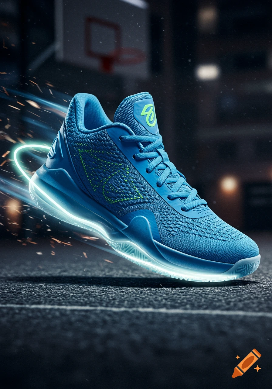 A vibrant blue basketball shoe with a glowing sole and neon green accents floats above a dark court, with a hoop in the background.