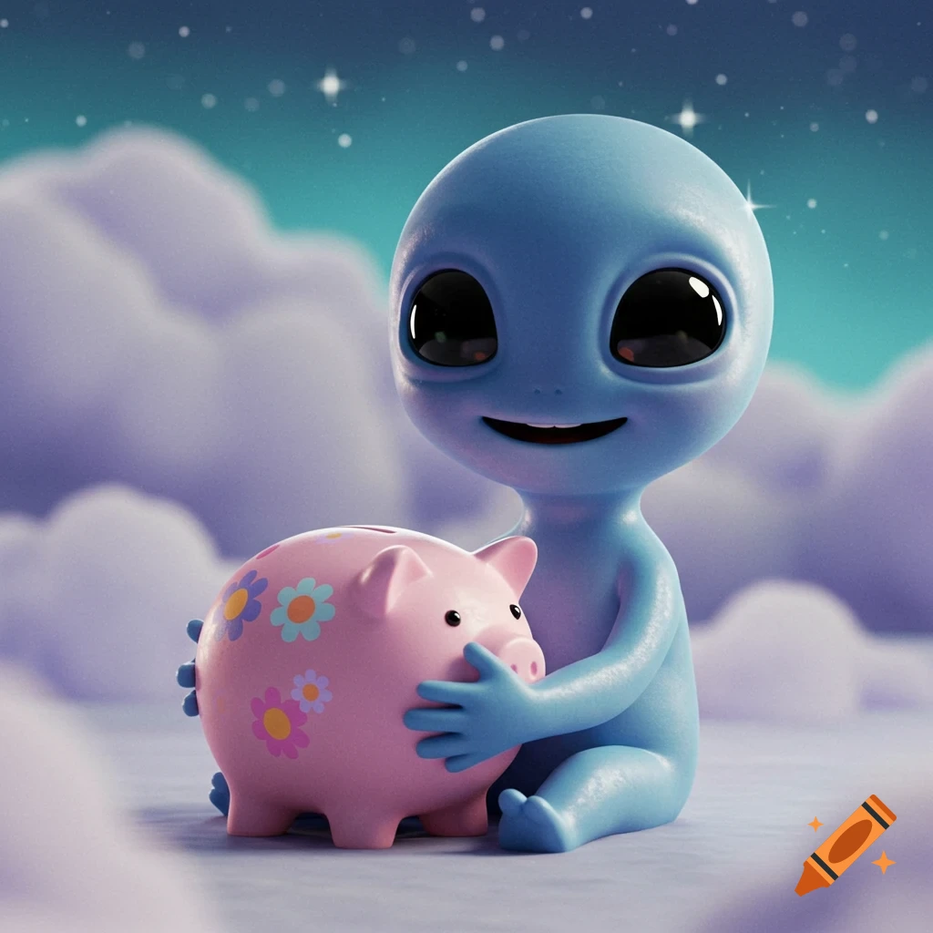 A cute, smiling blue alien character with big black eyes hugs a floral pink piggy bank, sitting on clouds under a starry night sky.