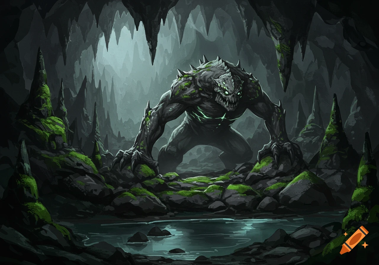 A large, dark moss-covered monster with glowing green eyes crouches in a dark, damp cave with stalactites and a pool of water, digital art.