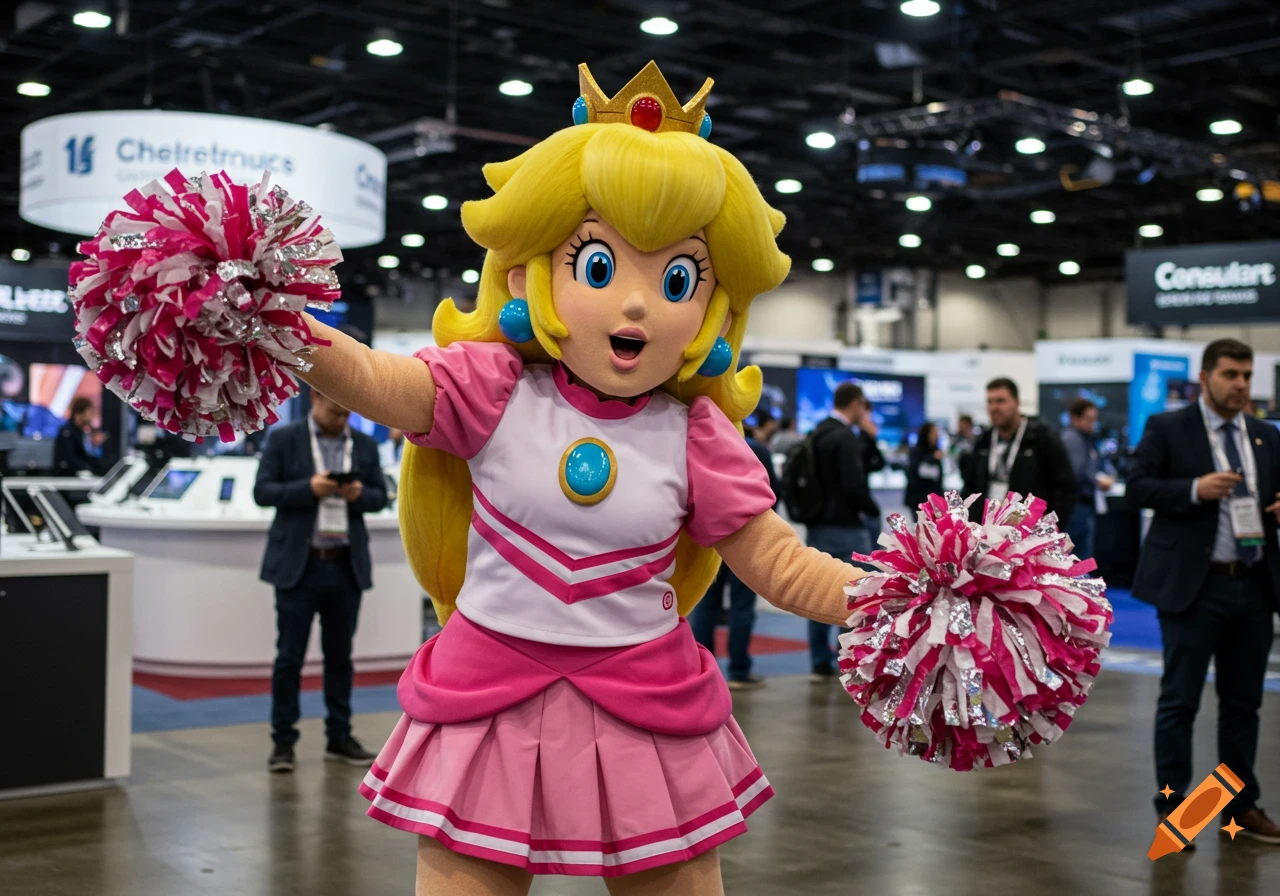 Princess Peach mascot in a cheerleader outfit holding pom-poms at a consumer electronics show.