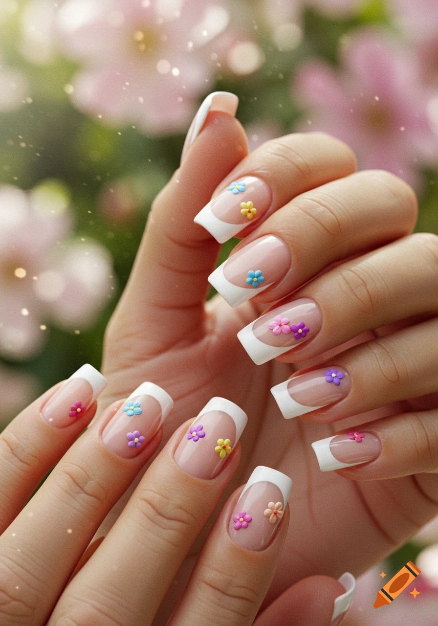 Close-up of hands with elegant French tip nails decorated with small colorful 3D flowers, set against a blurred floral background.