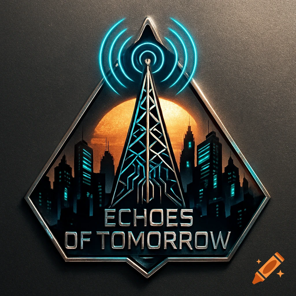A futuristic sci-fi logo with a radio tower emitting blue signals, a city skyline, and the text 'ECHOES OF TOMORROW' against an orange sky.
