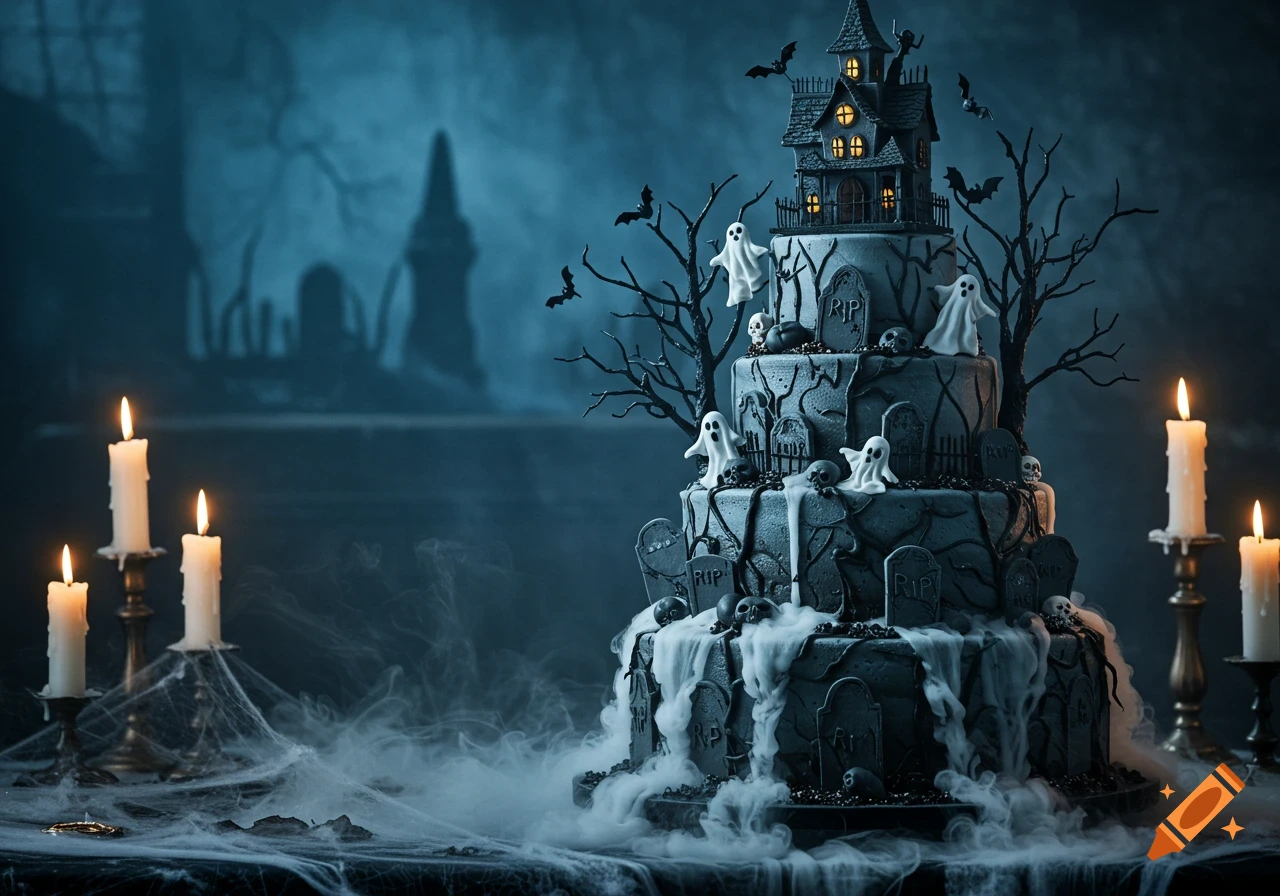 A detailed Halloween tiered cake shaped like a haunted house and graveyard, with ghosts, tombstones, bare trees, and candles in a misty, dark setting.
